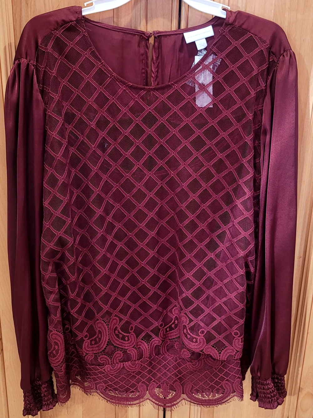 New York & Company Burgundy Lace Mesh Long-Sleeve Dress